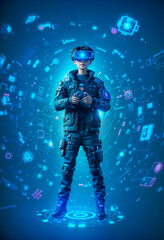 Fototapeta premium boy in a virtual reality setting, surrounded by holographic code