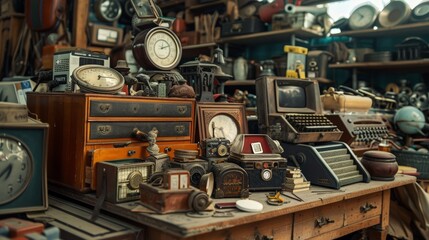 intage objects, flea market stuff on a wooden stand. 