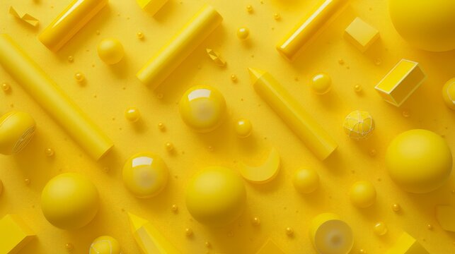 Top view of random yellow objects in order on yellow background. random objects. 