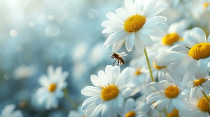 Fototapeta premium A bee flies over a field of blooming white daisies in a soft, dreamy light.