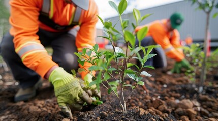 Workers planting trees around a warehouse, ecoconscious efforts, green expansion
