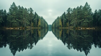 A mirrored reflection of a tranquil lake surrounded by towering trees, creating a symmetrical composition ideal for showcasing a message or logo. 