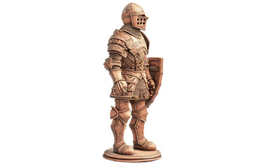 A detailed wooden knight statue in full armor, standing on a pedestal. Perfect for medieval themes, decor, and fantasy art inspiration.