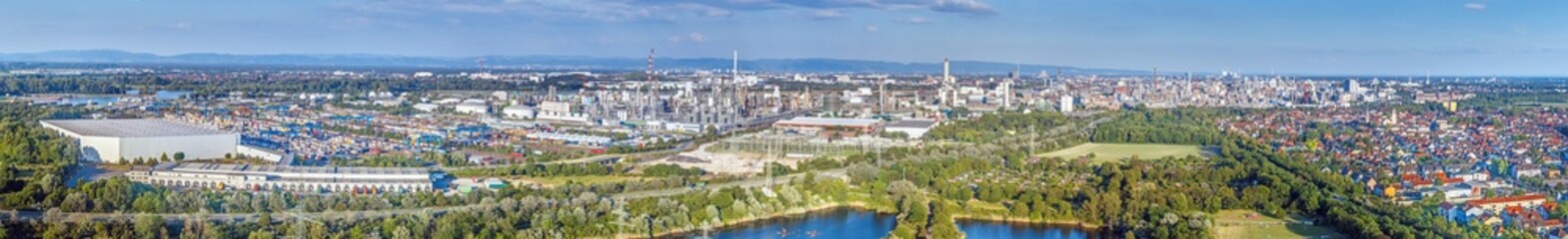 Drone panorama over the German industrial city of Ludwigshafen with a large chemical plant during...