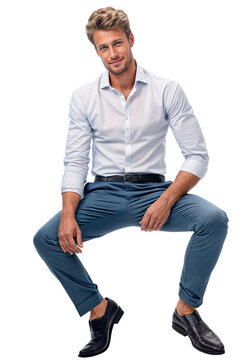Isolated sitting handsome young man wearing white shirt and blue chonos , png,cutout on transparent background, ready for architectural visualisation