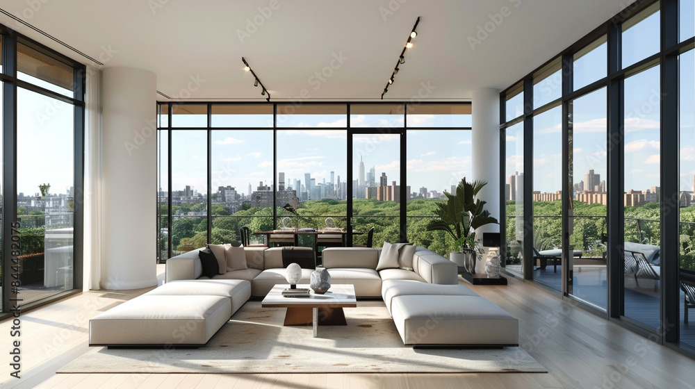 Wall mural A sleek modern design featuring floor-to-ceiling windows that blur the lines between indoor and outdoor living. - Wall murals