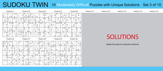 Sudoku Twin - 10 Moderately Difficult Puzzles with Solutions - Set 3 of 10