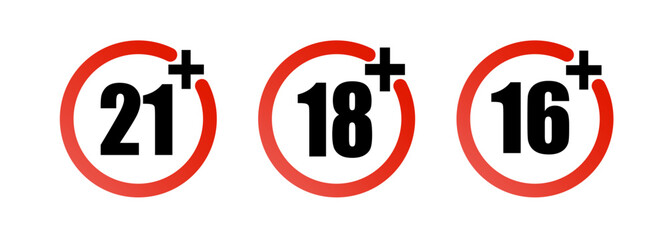 Age limit sign set. Adults content only age restriction. Censure warning age plus. Vector .