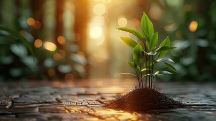 Sunlit seedlings growing in fertile soil, symbolizing new beginnings and natural growth, with a blurred forest background. - Powered by Adobe