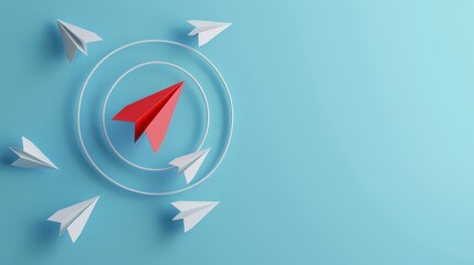 Disruption and technology transformation concept , red paper airplane move out from circle white paper airplane 