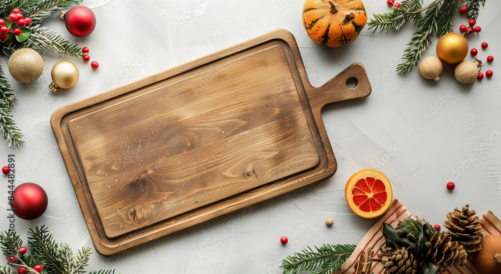 Wall mural Flatlay eco Christmas square charcuterie board timber POD mock up fruit veg wooden blank empty grazing food serving board bauble background minimal rustic Xmas minimal gift laser engrave diy templete