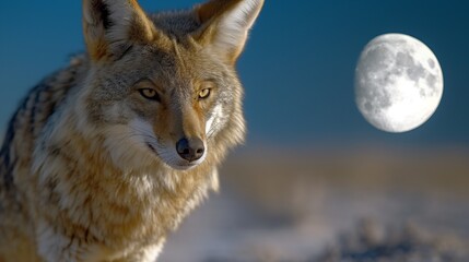 A lone coyote prowling the desert floor under the light of a full moon, its keen eyes scanning the horizon for prey.