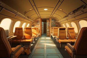 Obraz premium Cozy and inviting airplane interior with empty seats and overhead compartments