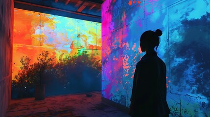 AI Artist Creating Digital Masterpiece on Canvas with Vibrant Colors in Modern Studio