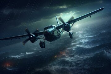 Naklejka premium Dramatic scene of a twin-engine aircraft navigating through a dark storm above a churning sea