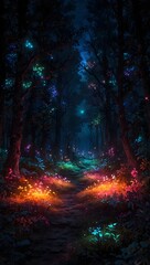 Fototapeta premium Enchanting Forest Scene with Neon Botanicals