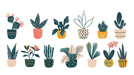 A collection of colorful potted plant illustrations with playful designs on transparent background
