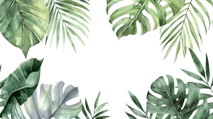 A tropical leaf border illustration featuring various green leaves on transparent background