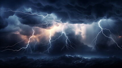 A dramatic thunderstorm brings with it lightning strikes under a dark and cloudy sky