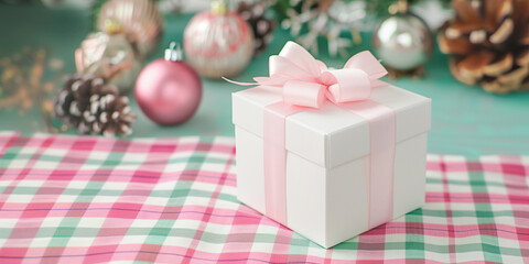 Christmas white square gift box pink bow POD product copy space mockup on plaid cloth table pastel mint green pinecone bauble background cozy rustic farmhouse country chic packaging swing tag mock up 