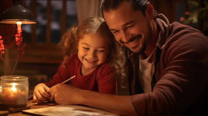 Father and daughter are bonding through drawing and creating art, enhancing their time together
