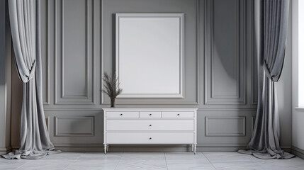 Large blank picture in the center of an elegant white dresser and grey curtains on each side of a bedroom.