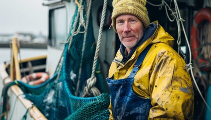 photo of man overalls standing on the deck of his fishing boat