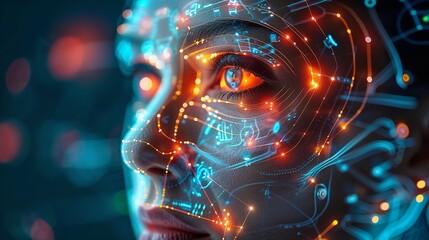 An abstract close-up of a womans face, digitally transformed with lines and patterns, set against a dark blue background with blurred lights