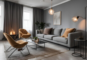 Interior of living room with cozy grey sofa, armchair and glowing lamps.AI generated