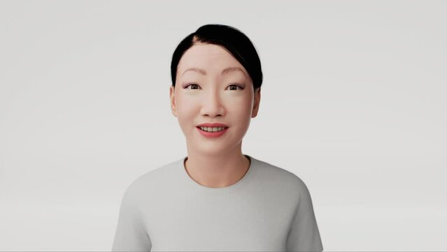 Virtual AI assistant chat bot posing on camera. Metaverse female avatar in virtual chat world for virtual chat. Artificial human character posing. Beautiful 3d model human scan animated.