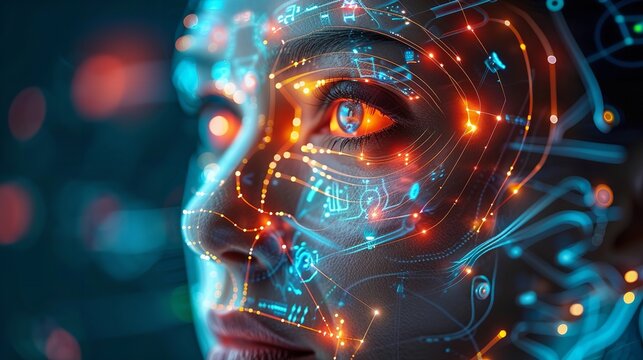 An abstract close-up of a womans face, digitally transformed with lines and patterns, set against a dark blue background with blurred lights