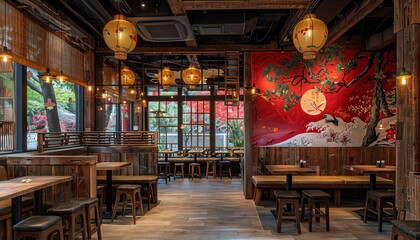 Cozy Japanese restaurant, warm lighting, wooden decor, vibrant red mural, inviting ambiance