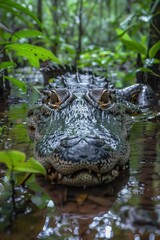 Obraz premium Crocodile in lush swamp, partially submerged, intense gaze, lowangle