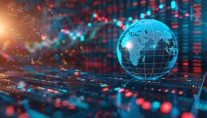 Digital globe on financial data background, futuristic trading scene