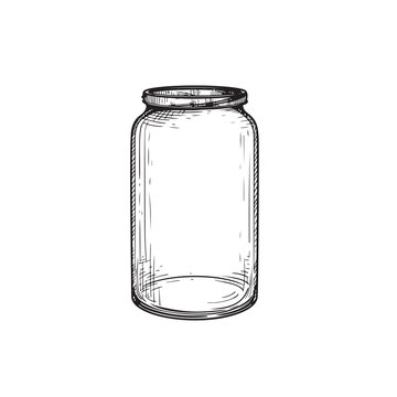recommend clip art: Empty glass jar. Hand drawn sketch drawing in old fashioned vintage style. Vector illustration isolated on white.