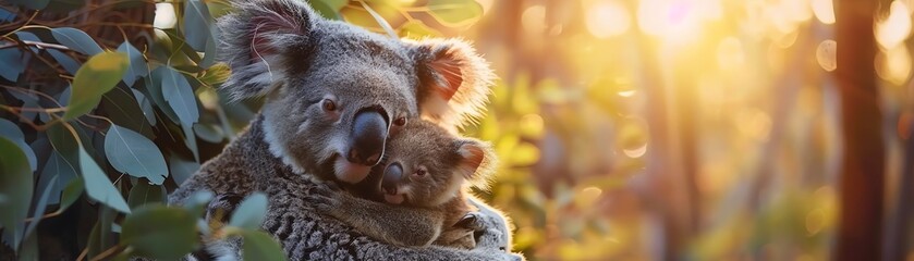 Naklejka premium Koala and joey hugging, soft sunlight, eucalyptus forest