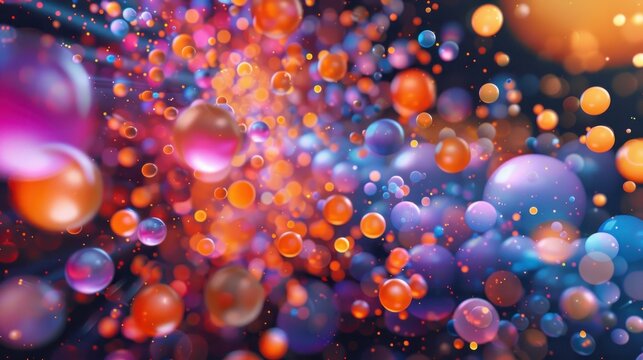 3d render of abstract art video animation with 3d ball in explosion process based on small ball spheres or bubbles particles in orange red purple and blue