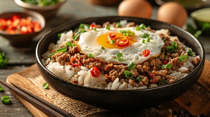 Rice topped with minced meat and fried egg, dark bowl