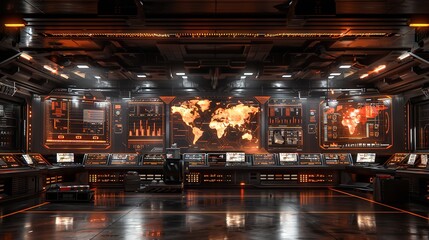 A futuristic control room with a large world map display and numerous screens showing various data streams