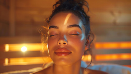 Woman in a sauna, warm lighting, relaxed expression