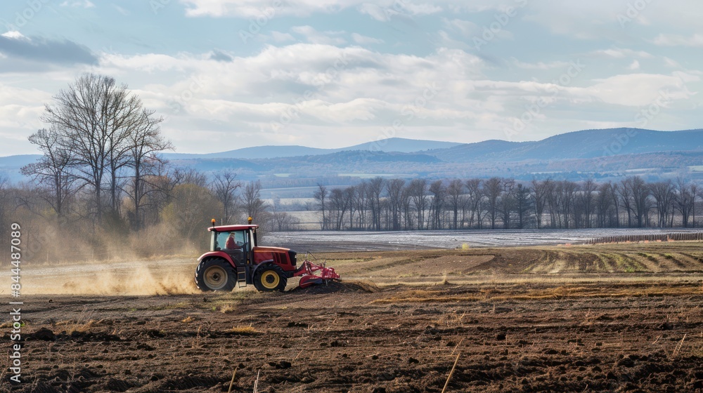Poster a side view of workers using a tractor to spread manure in fields as part of sustainable farming pra