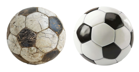 old and new soccer balls isolated on transparent background. For banner, design, poster, print, thumbnail, mockup, layout, social media. Copy space for text