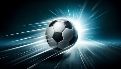 Horizontal image, soccer ball flies, kicking action concept. Digital illustration concept. For banner, design, poster, print, thumbnail, social media. Copy space for text