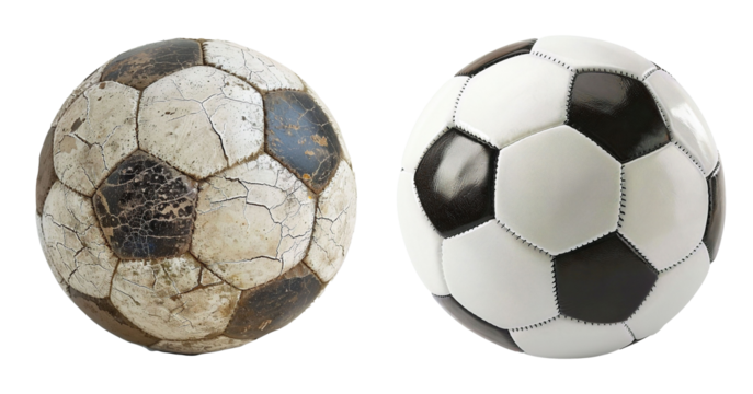 old and new soccer balls isolated on transparent background. For banner, design, poster, print, thumbnail, mockup, layout, social media. Copy space for text - Powered by Adobe