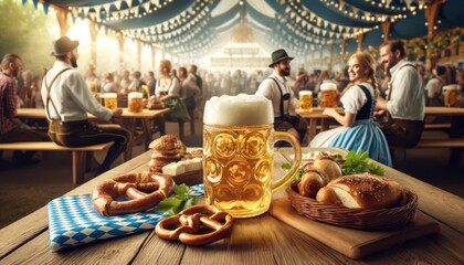 Traditional oktoberfest celebration with beer and pretzels in beer tent