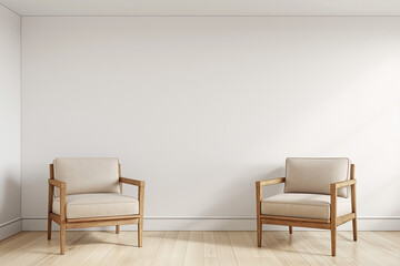 wooden chairs isolated on white, A 3D rendering of a living room design featuring an empty wall mockup with two elegant wooden chairs placed 