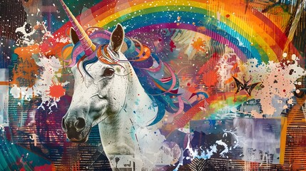 Surreal Heraldic Unicorn Crest in Dynamic Pop Art Collage