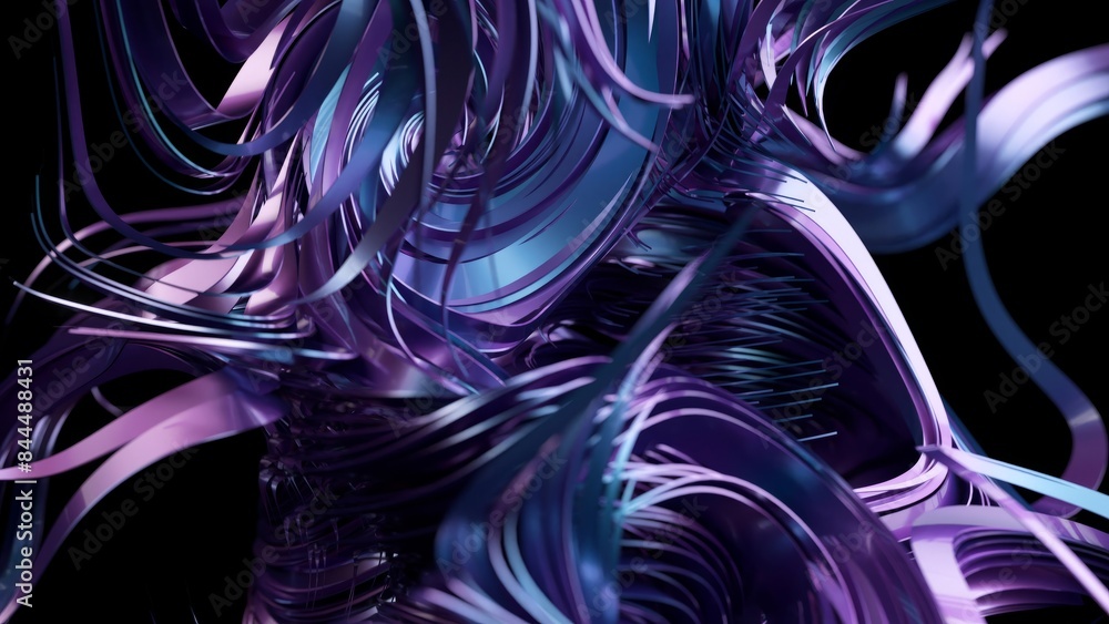 Poster detailed view of a 3d digital art piece featuring swirling ribbons with a metallic texture in a deep