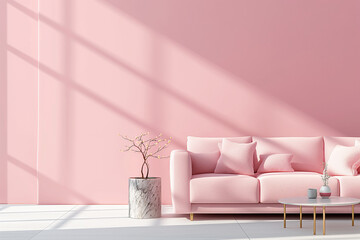 modern living room with sofa,A 3D rendering of a pink living room mockup, showcasing a modern design in a minimal home interior