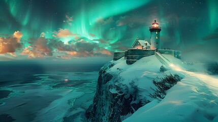 Ethereal Lighthouse Fortress Blanketed in Glowing Aurora Borealis on Snowy Cliffside by the Sea